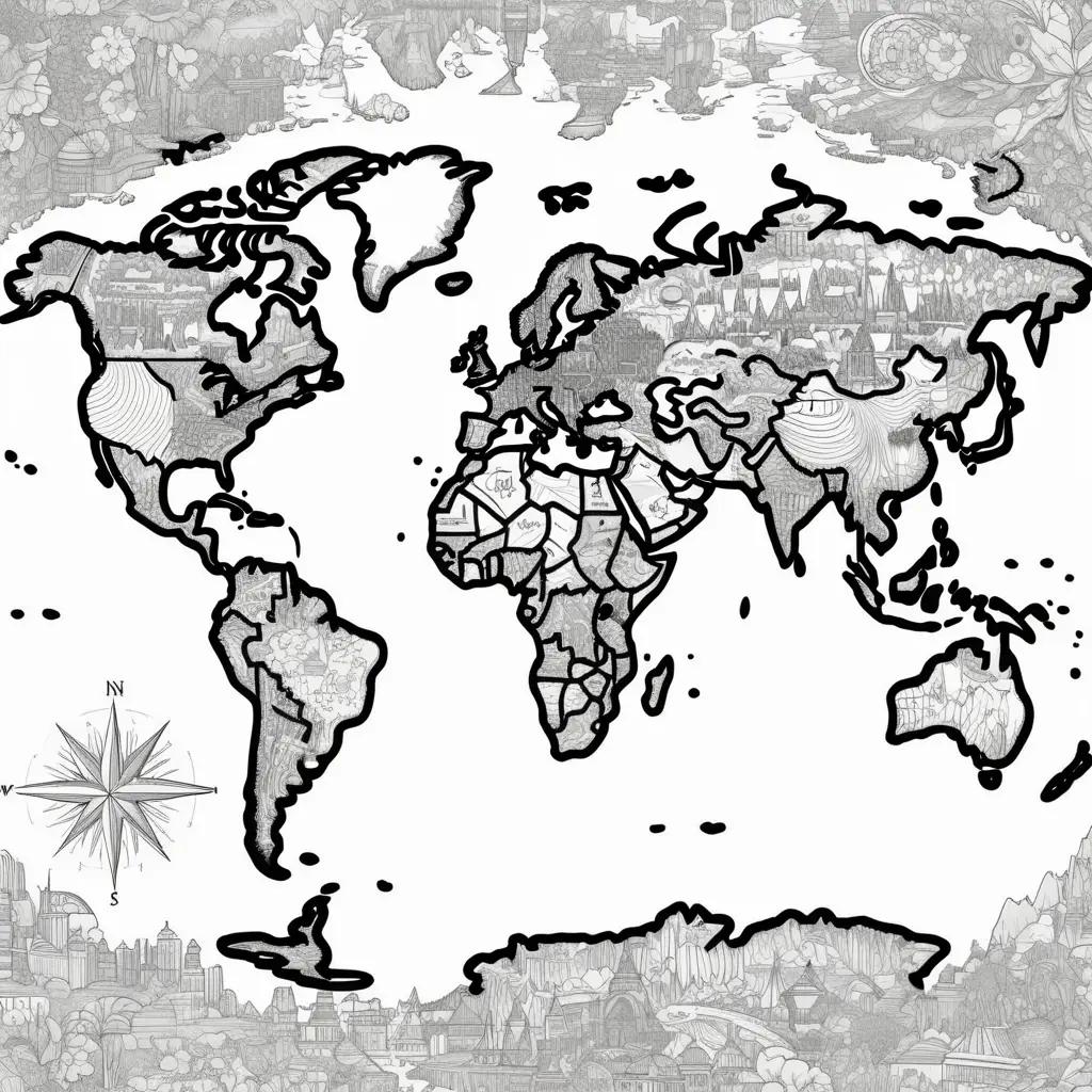 Coloring page of a world map with various cities and countries