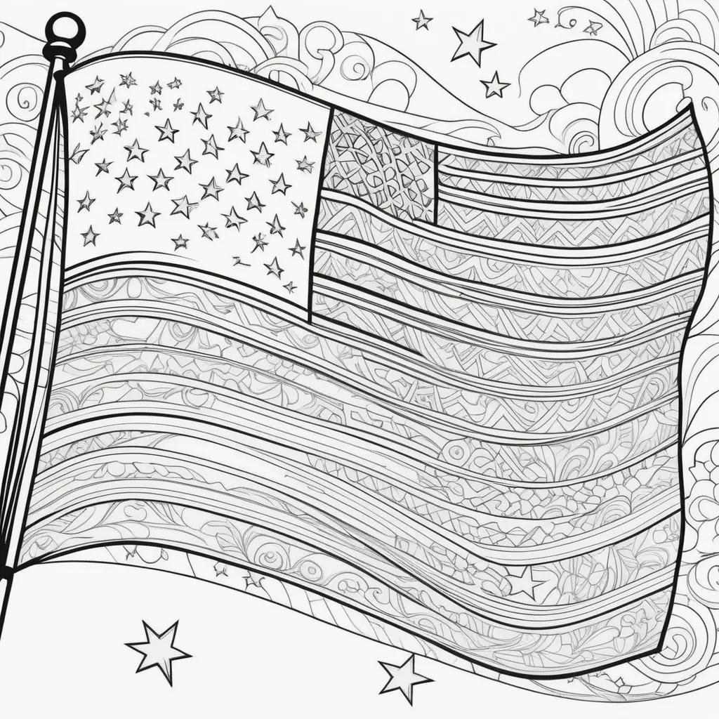 Coloring page of an American flag with stars and swirls