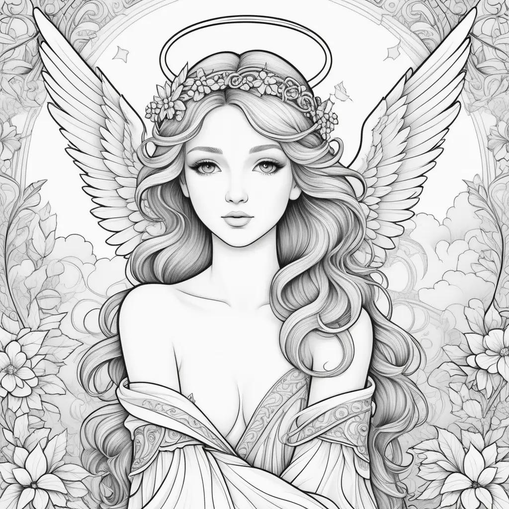 Coloring page of angel with wings and crown