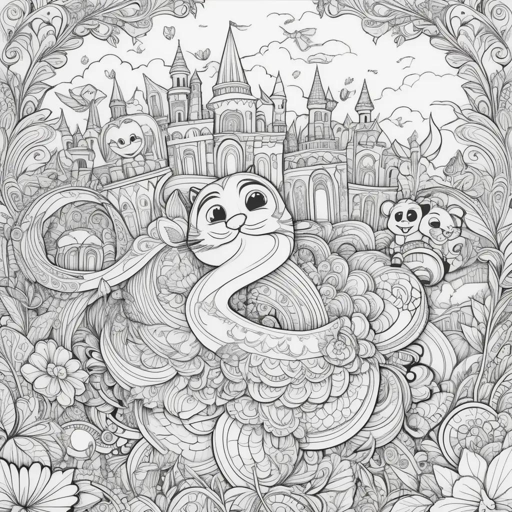 Coloring page of cartoon characters with a castle and panda