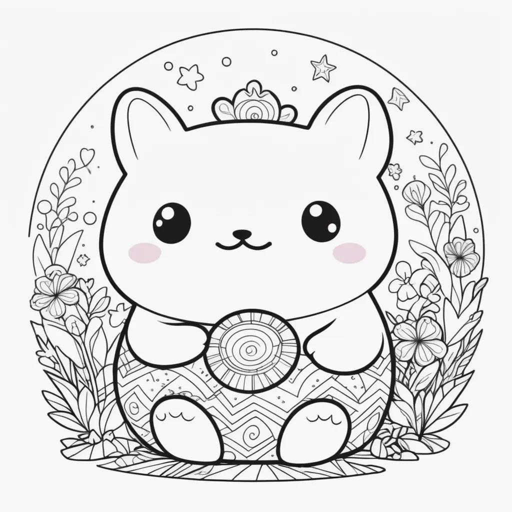 Coloring page of cute squishmallow with stars and flowers