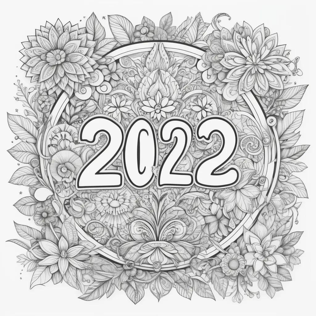 Coloring page of flowers and leaves with 2024