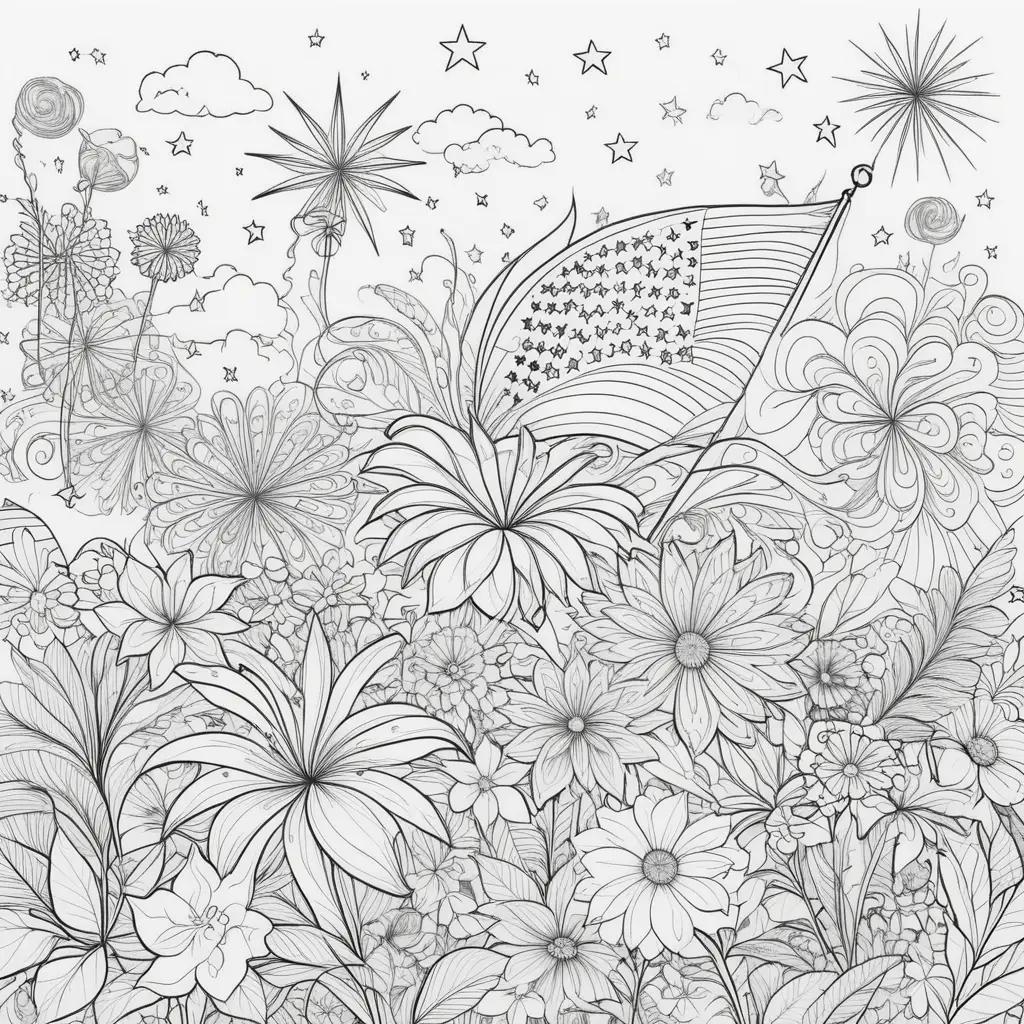 Coloring page of flowers and stars for the 4th of July