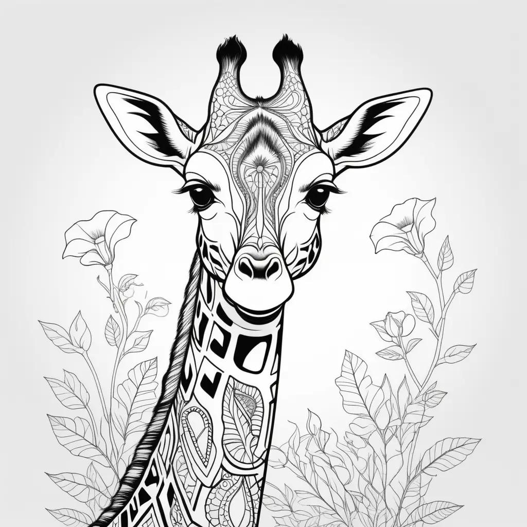 Coloring page of giraffe with leaves and flowers