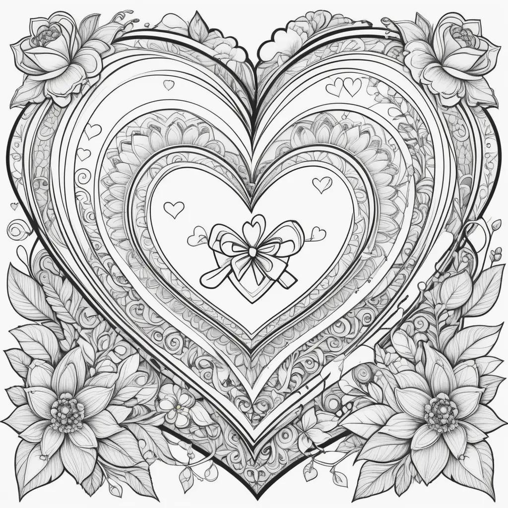 Coloring page of heart with flowers and bow for Valentines Day