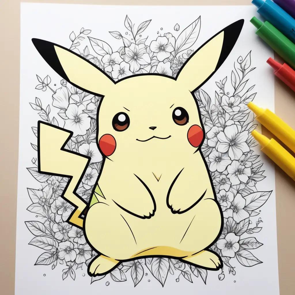 Coloring page of pikachu with flowers and markers