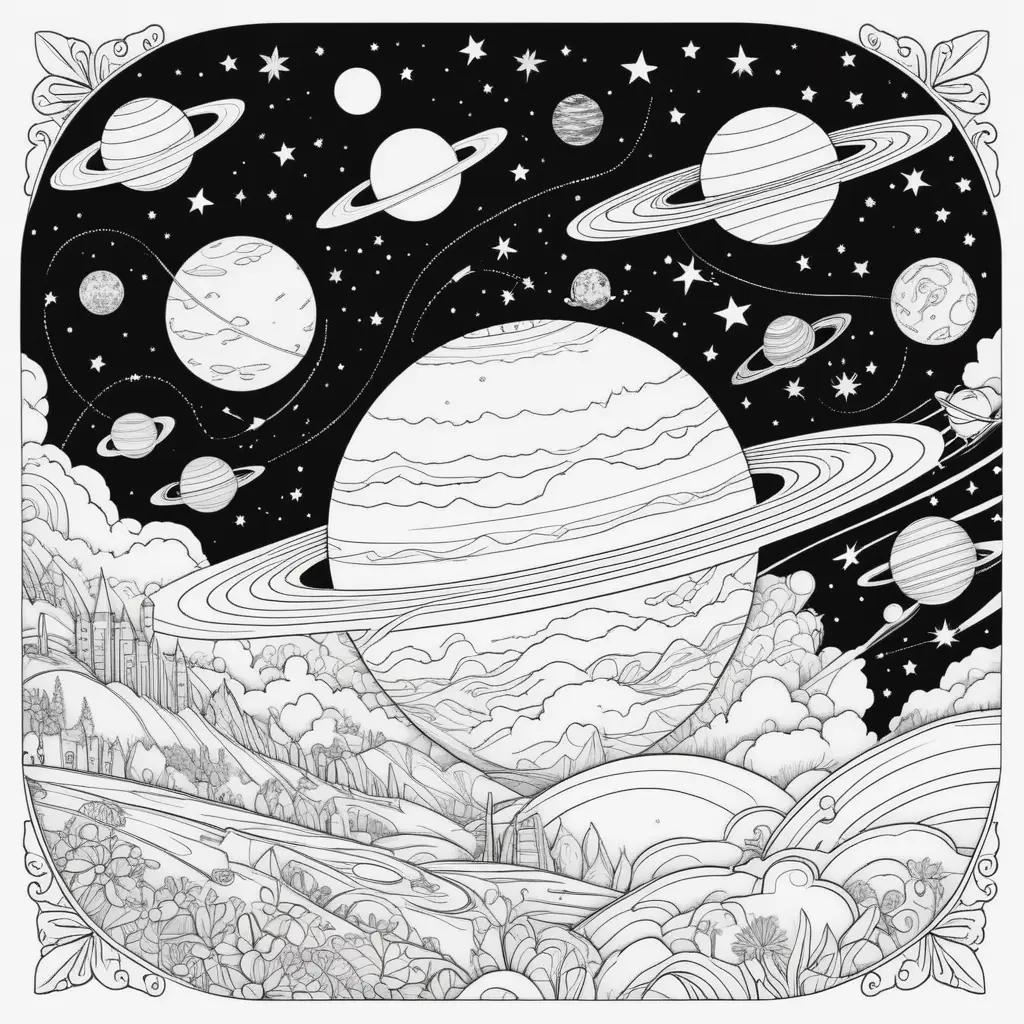 Coloring page of space with planets and stars