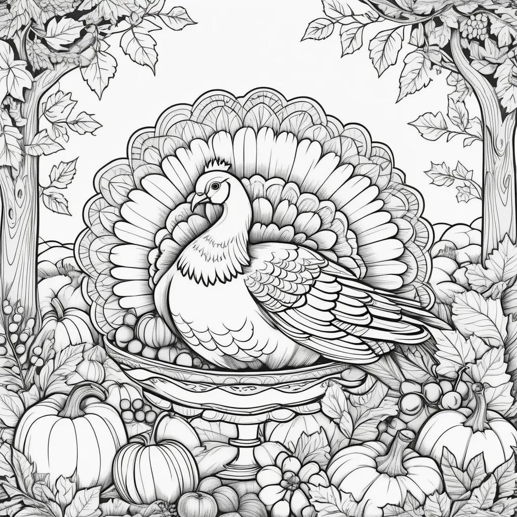 Coloring page of turkey, pumpkin, and leaves