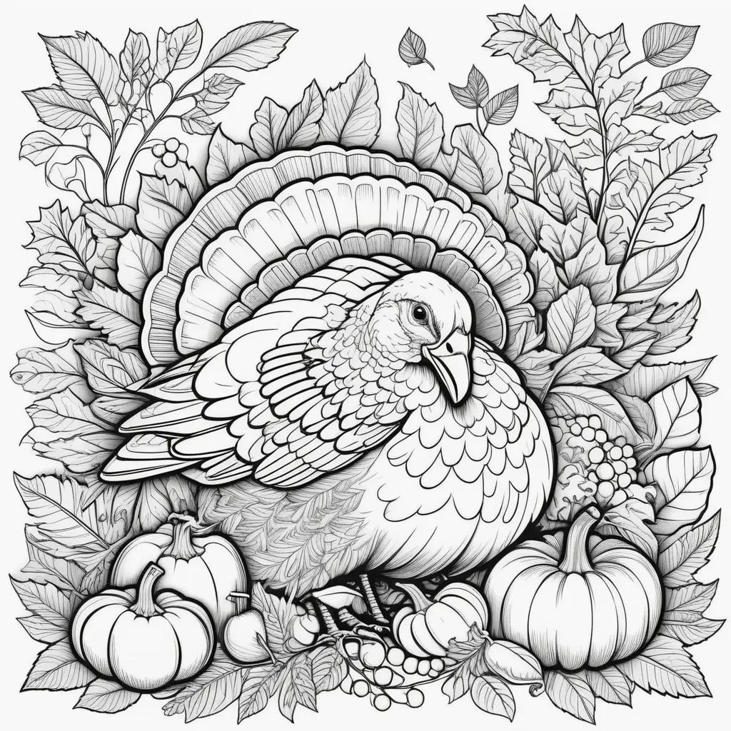 Coloring page of turkey, pumpkins and leaves with black and white coloring