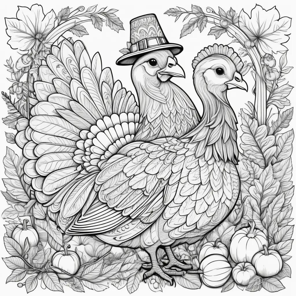 Coloring page of two birds with hats on Thanksgiving Day