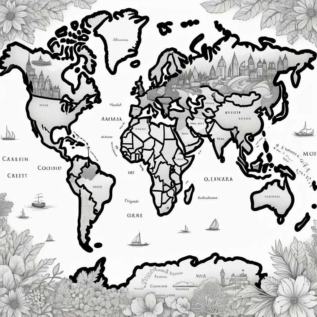 Coloring page of world map with black and white coloring