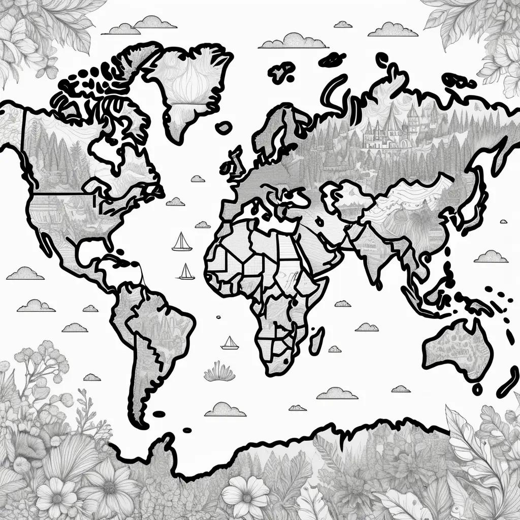 Coloring page of world map with various countries