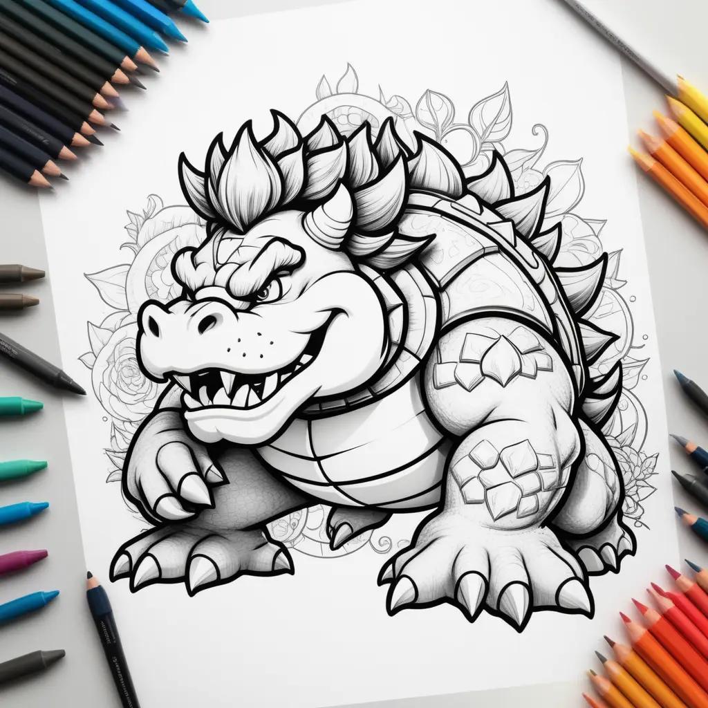 Coloring page with Bowser, flowers, and pencils