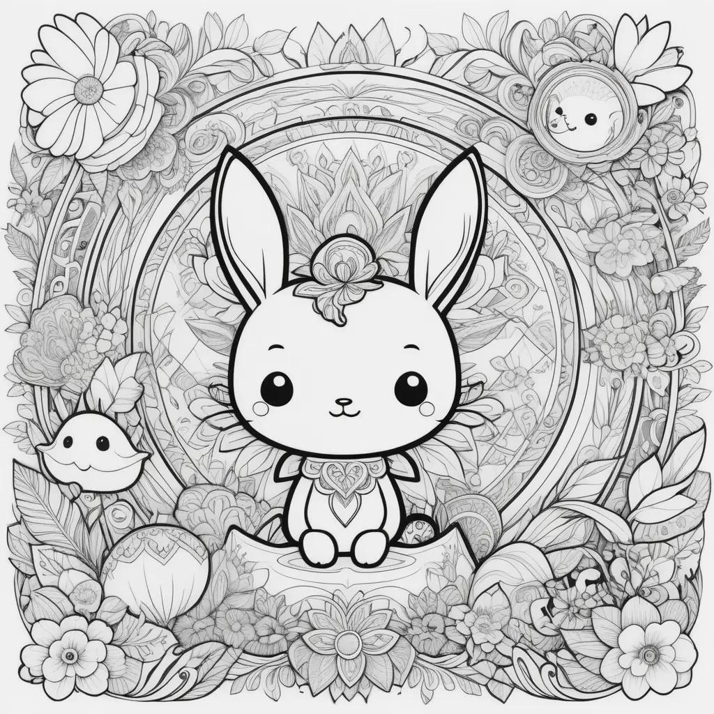 Coloring page with a cute bunny, flowers and a flower pot