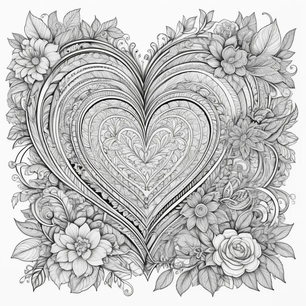 Coloring page with a heart and flower designs