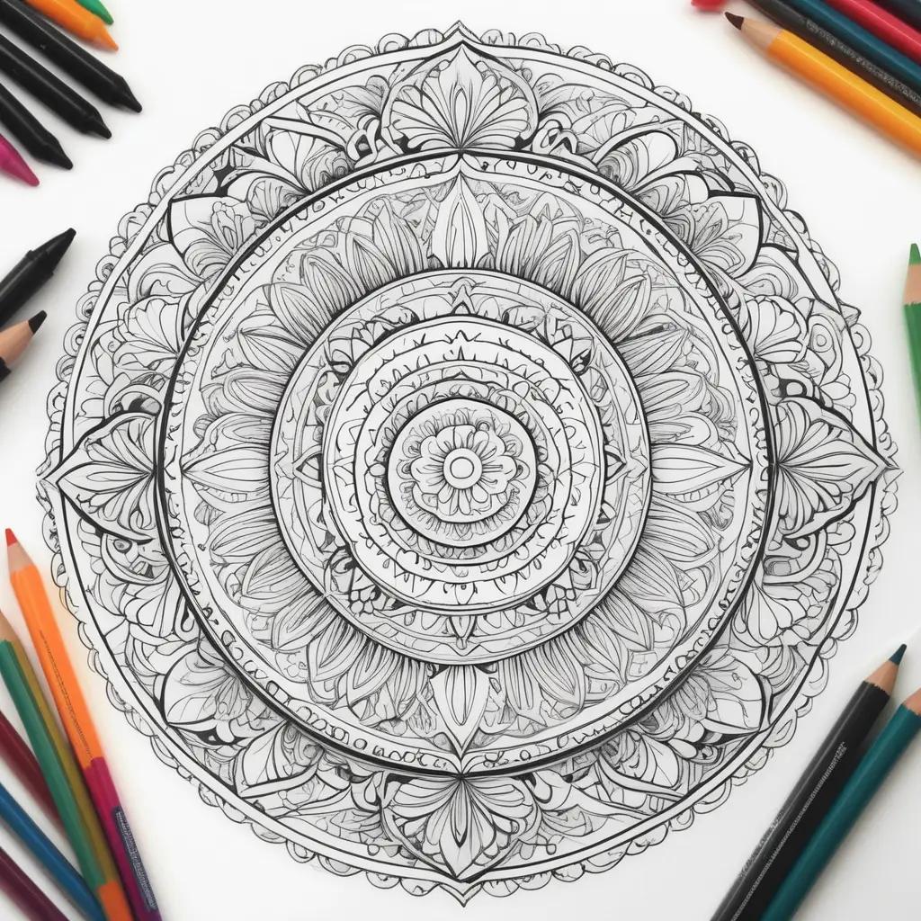 Coloring page with a variety of pencils, depicting a circle and mandala