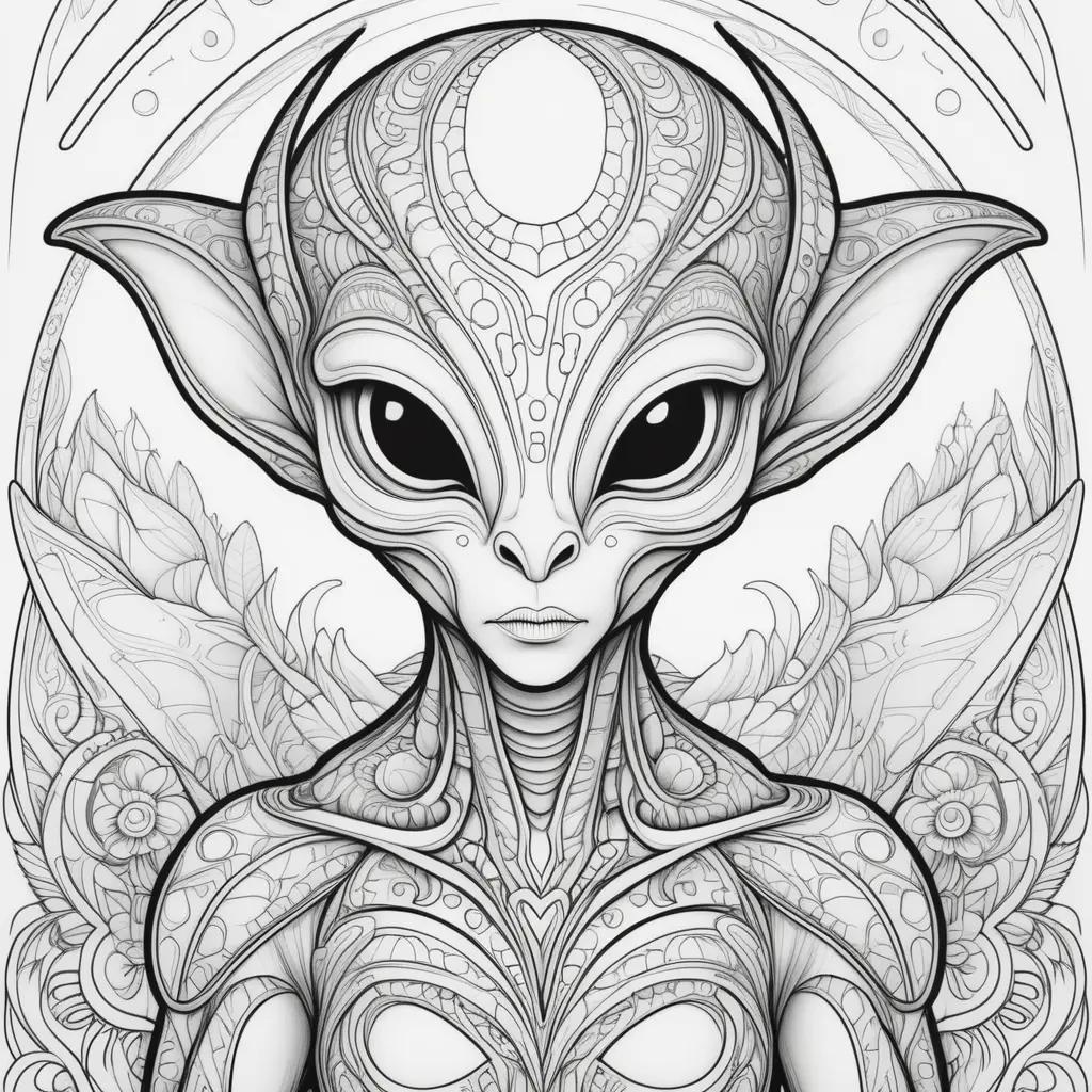 Coloring page with an alien face and arms