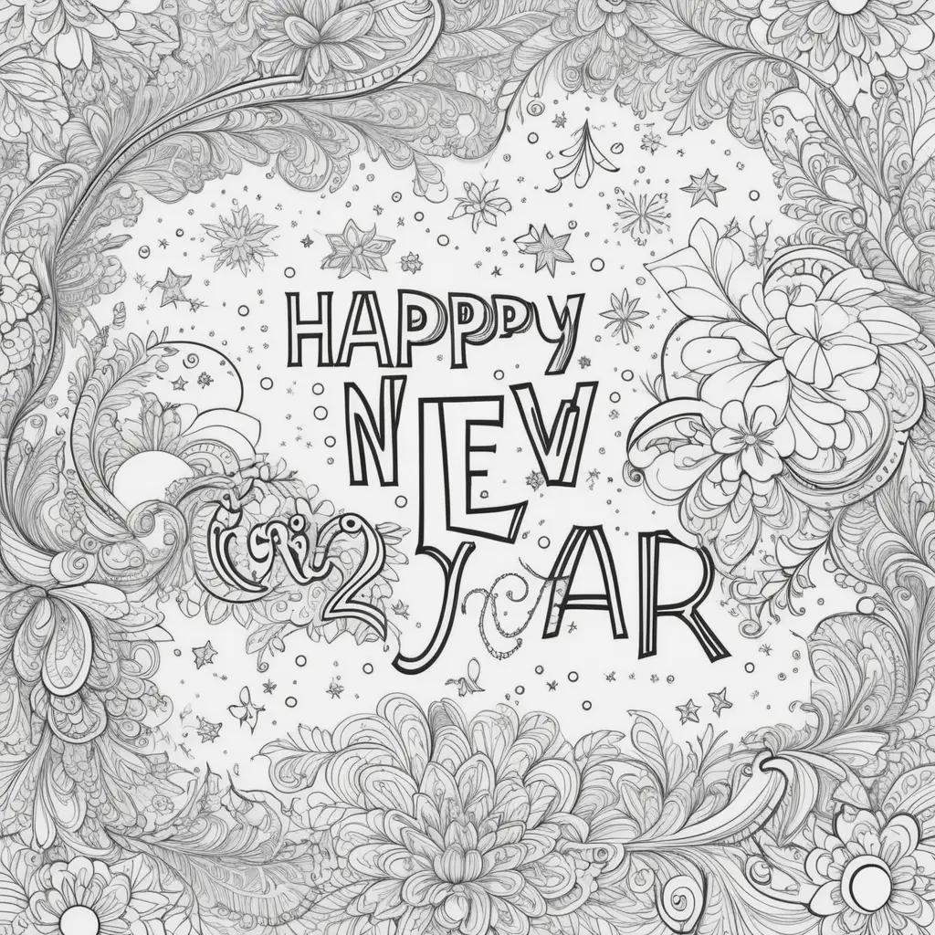 Coloring page with flowers and Happy New Year message