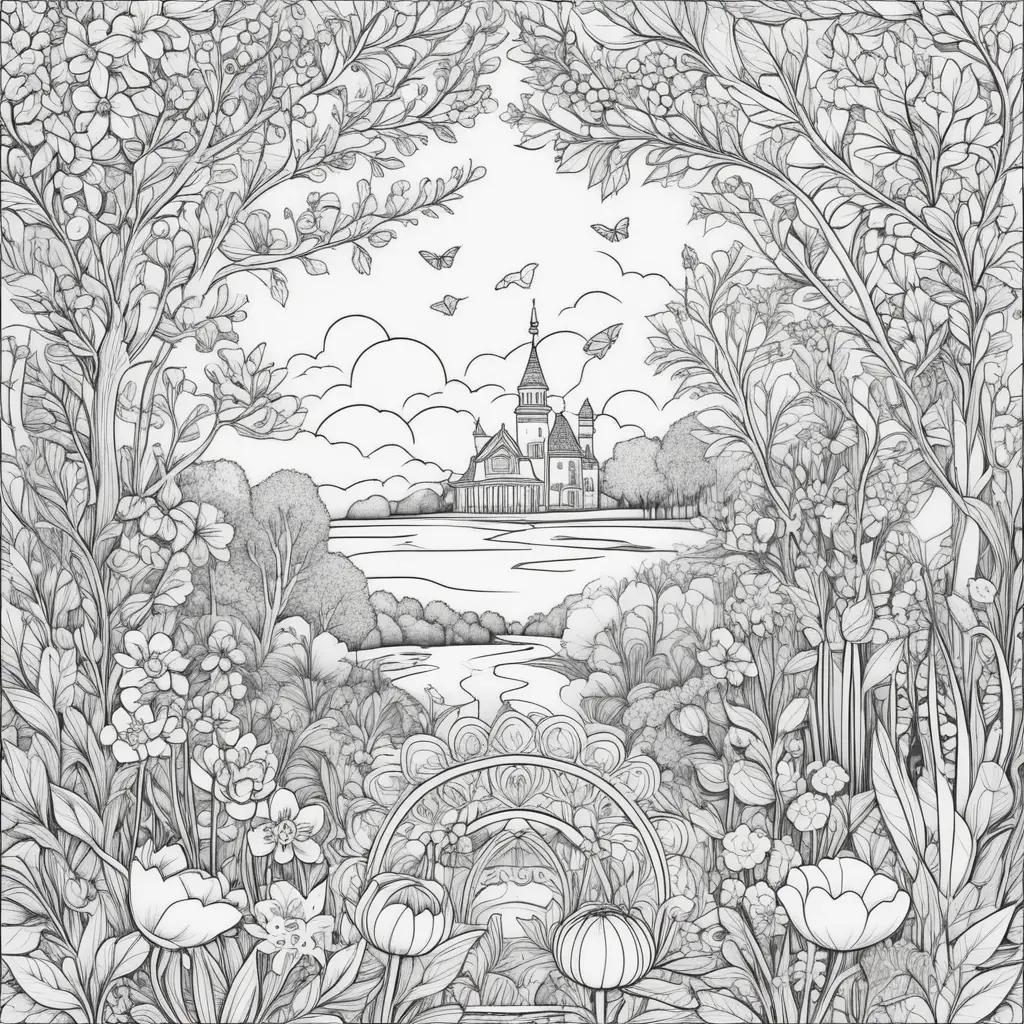 Coloring page with flowers and a castle, in black and white, from April coloring pages