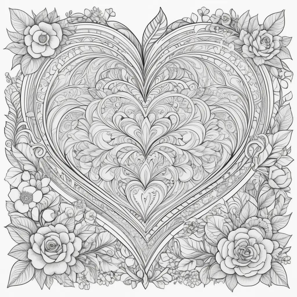 Coloring page with heart, roses, and flowers for Valentines Day