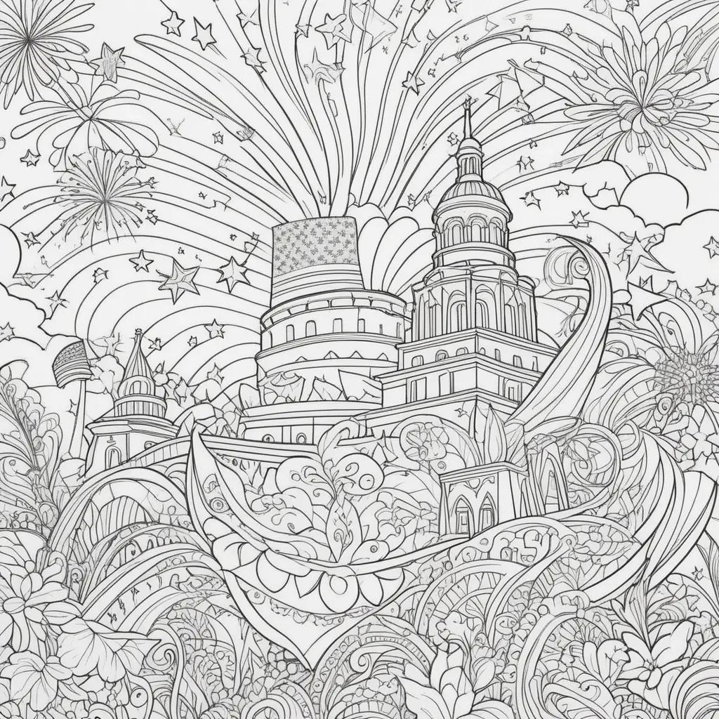 Coloring page with patriotic colors and fireworks