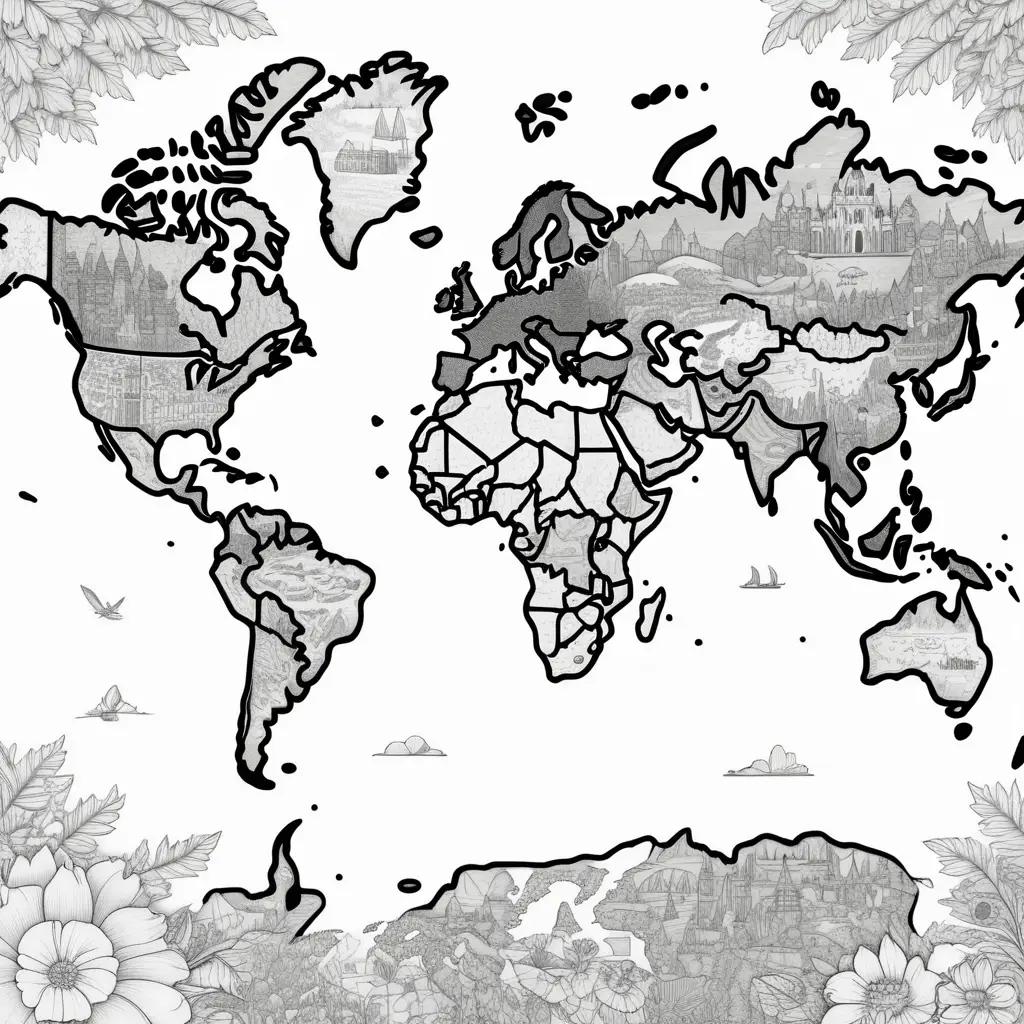 Coloring page with world map and flowers