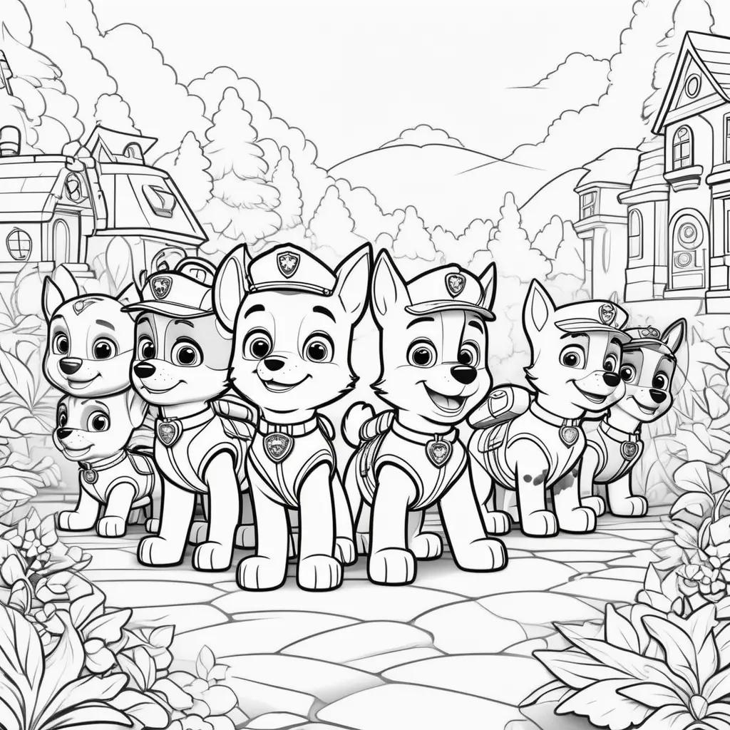 Coloring pages featuring Chase and the rest of the Paw Patrol team