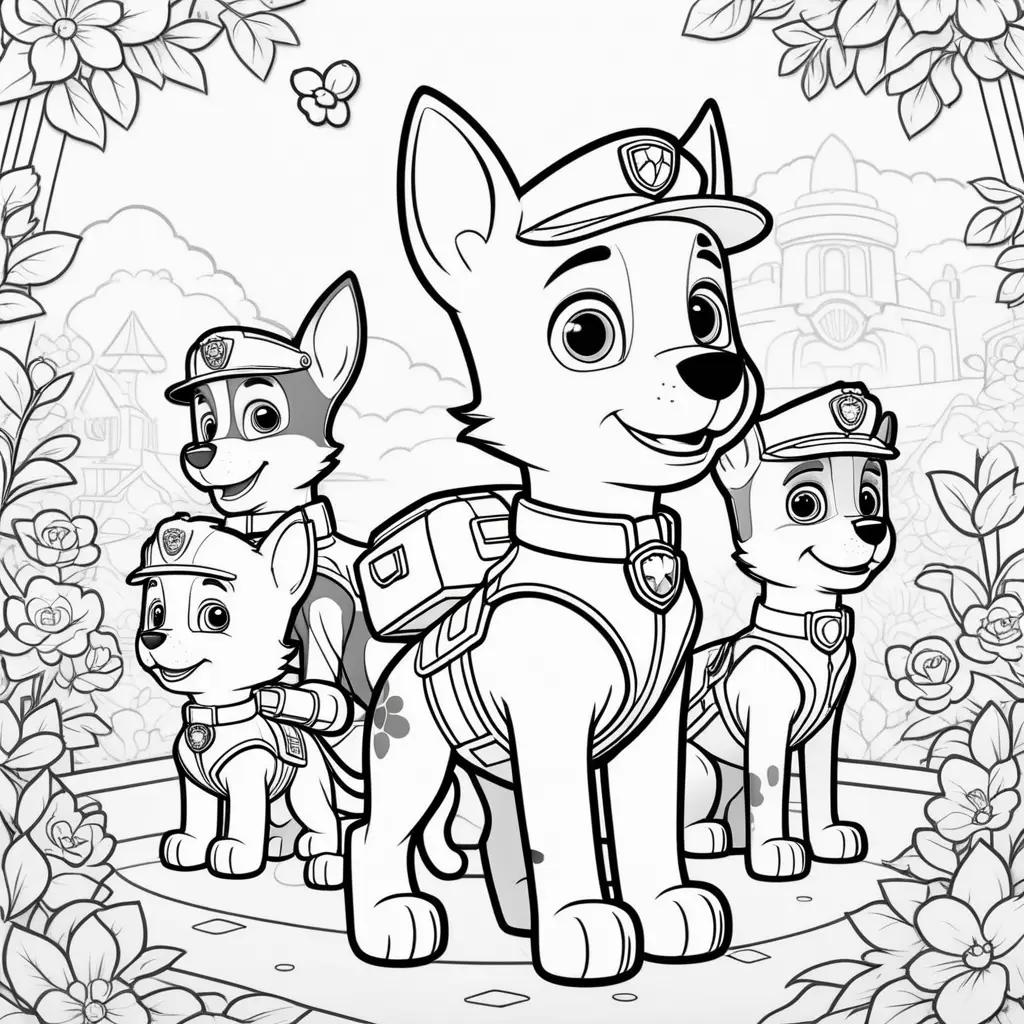 Coloring pages featuring Paw Patrol characters in a garden