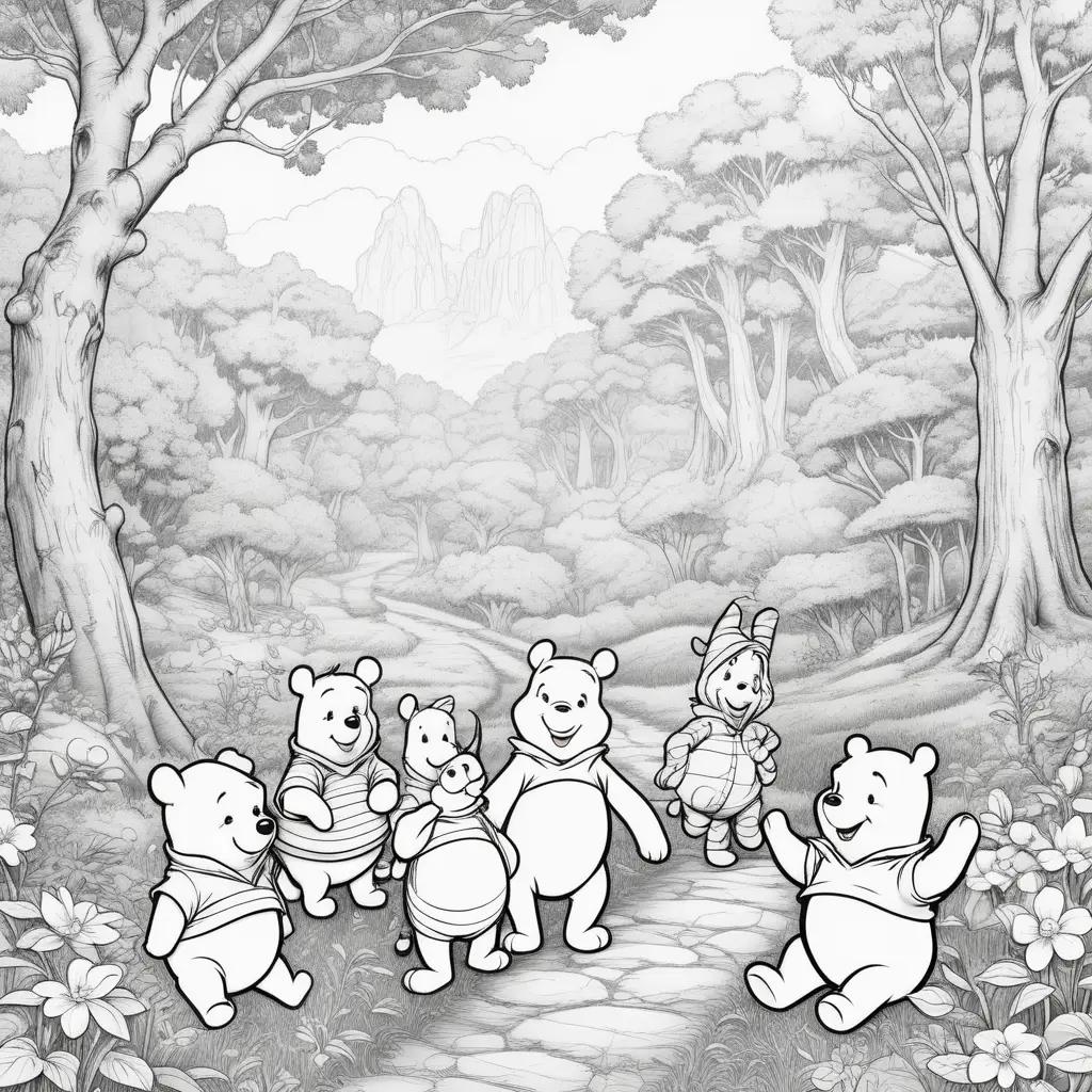 Coloring pages featuring Winnie the Pooh characters in a forest