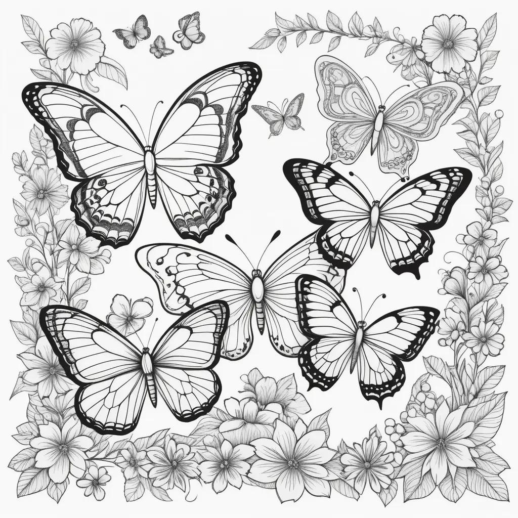 Coloring pages featuring a beautiful butterfly and flowers