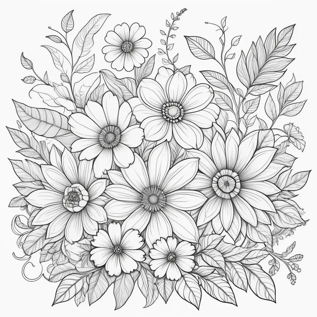 Coloring pages featuring a beautiful flower arrangement with a variety of flowers and leaves