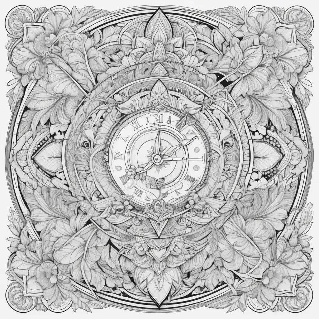 Coloring pages featuring a clock and floral designs