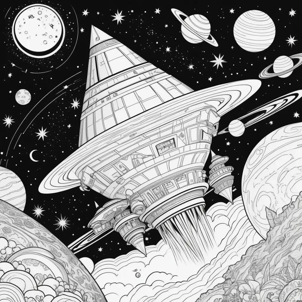 Coloring pages featuring a colorful space ship