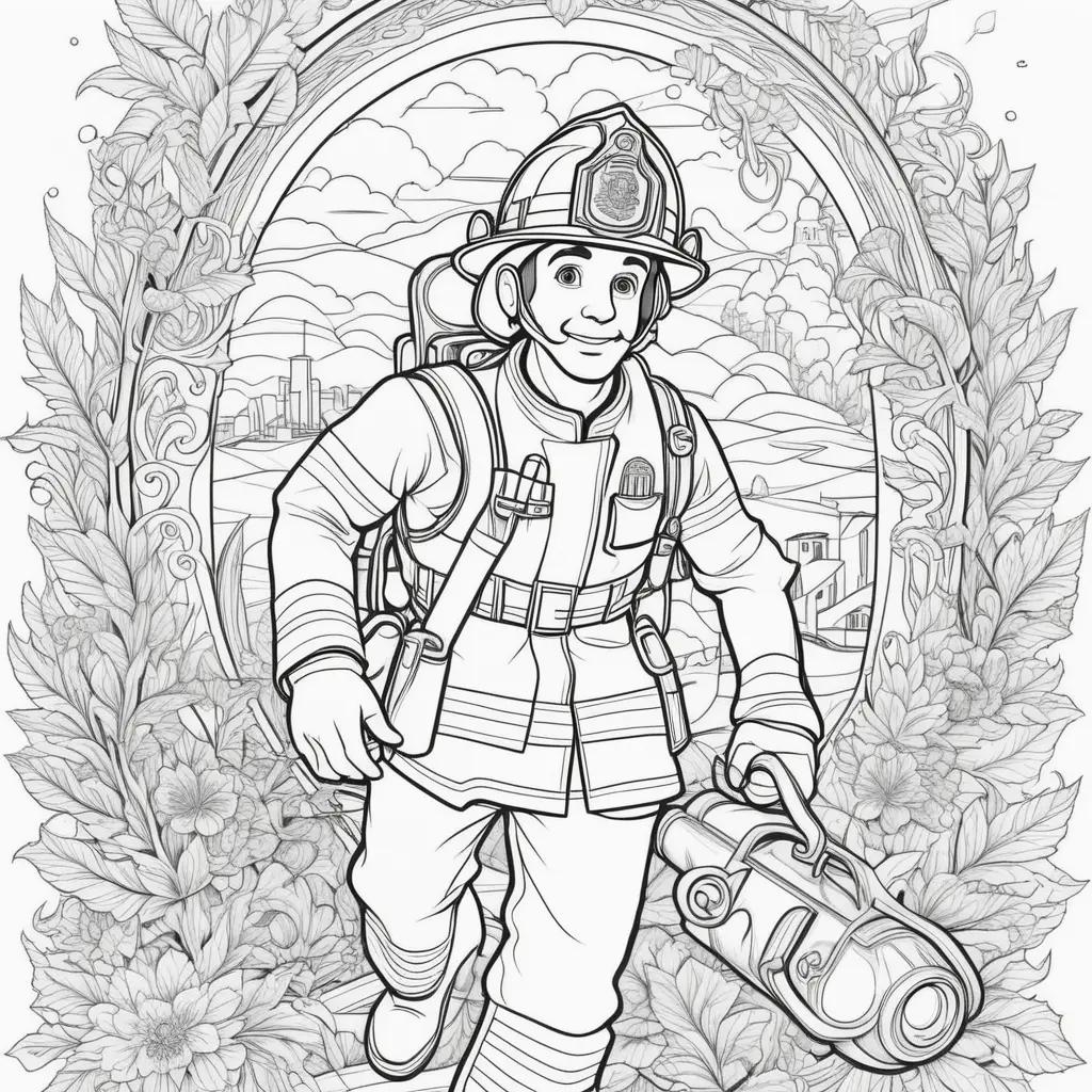 Coloring pages featuring a fireman and a hose