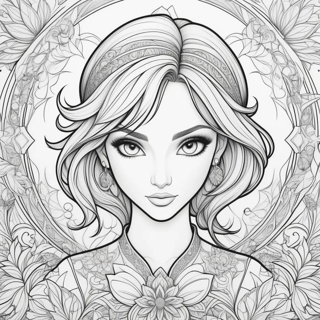 Coloring pages featuring a girl with a flower crown and earrings