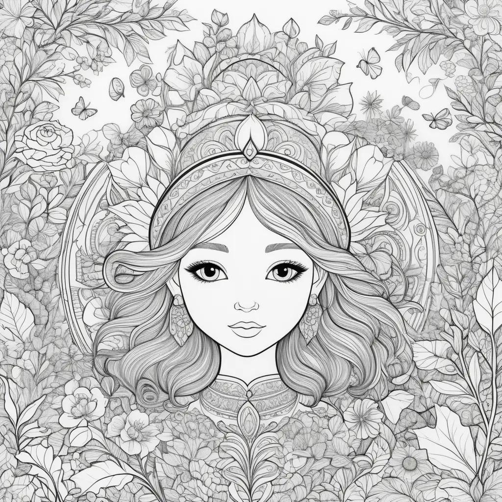 Coloring pages featuring a girl with flowers and butterflies