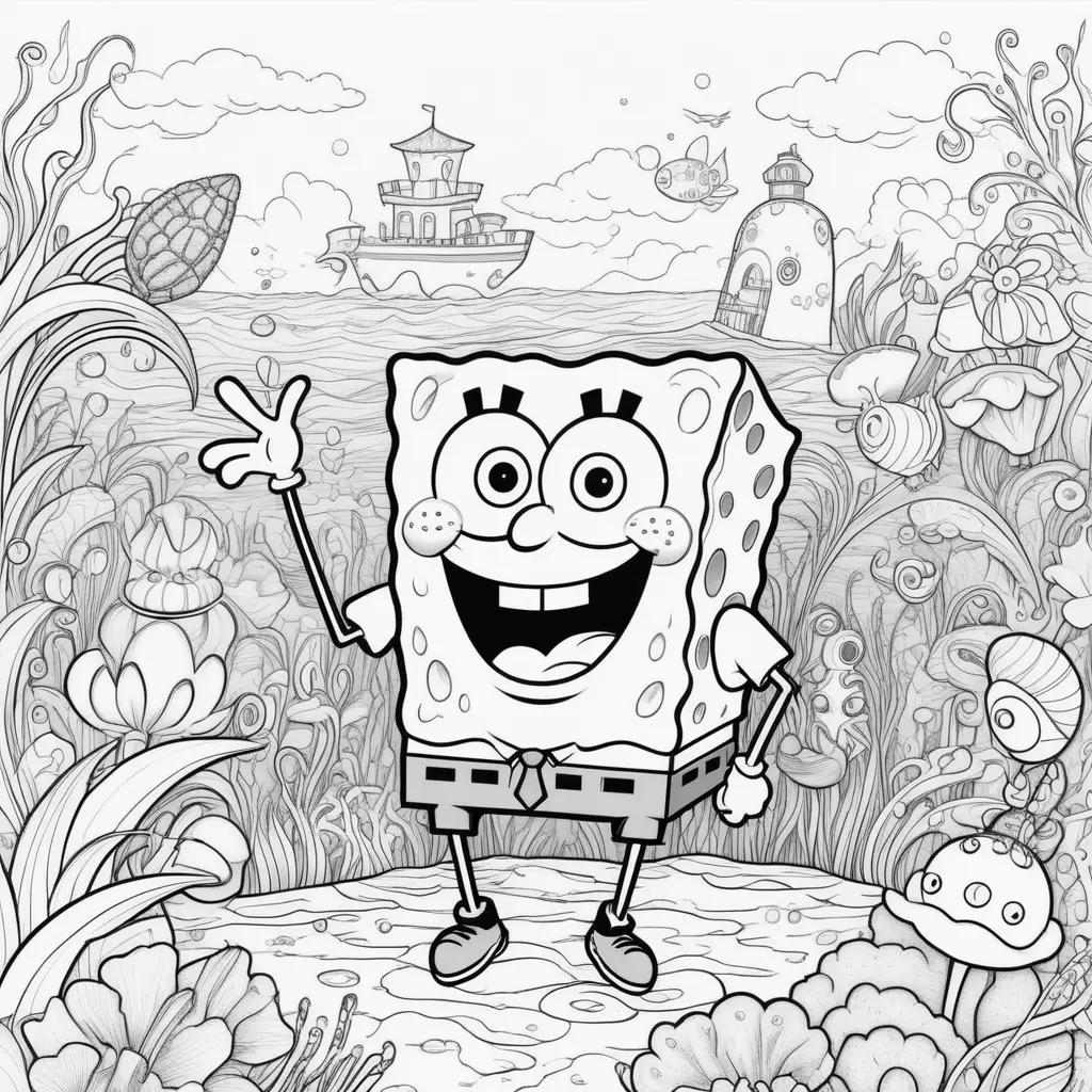 Coloring pages featuring a happy spongebob on a beach