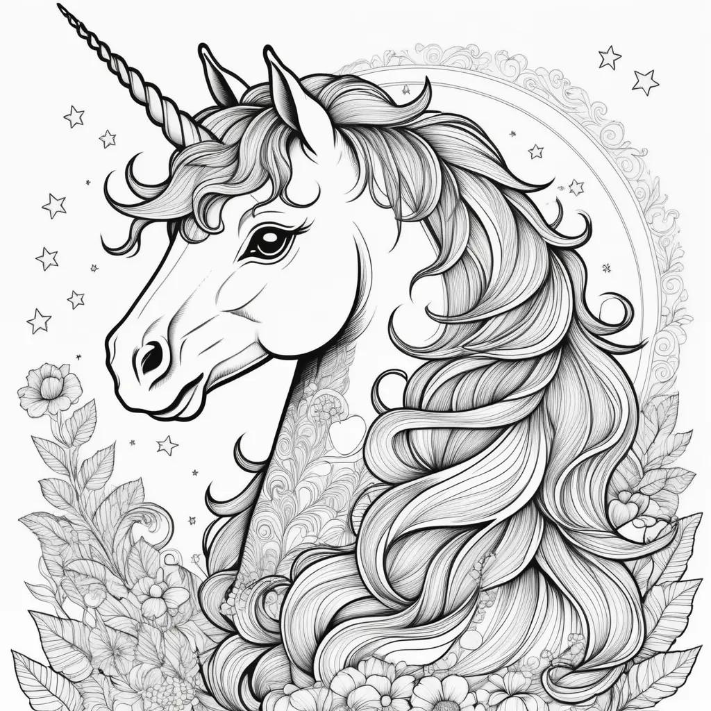 Coloring pages featuring a rainbow unicorn with a starry background