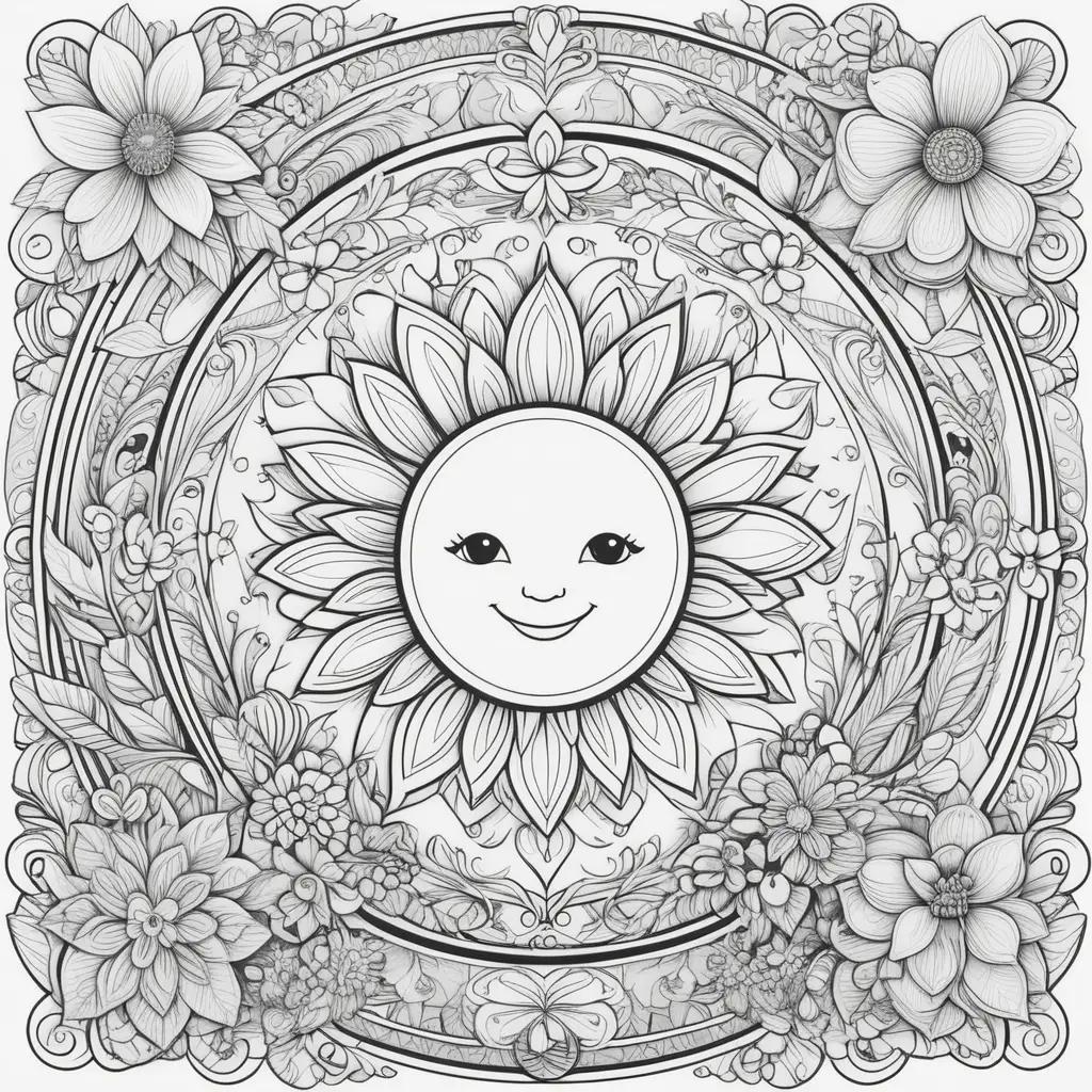 Coloring pages featuring a smiling sun with a variety of flowers and plants