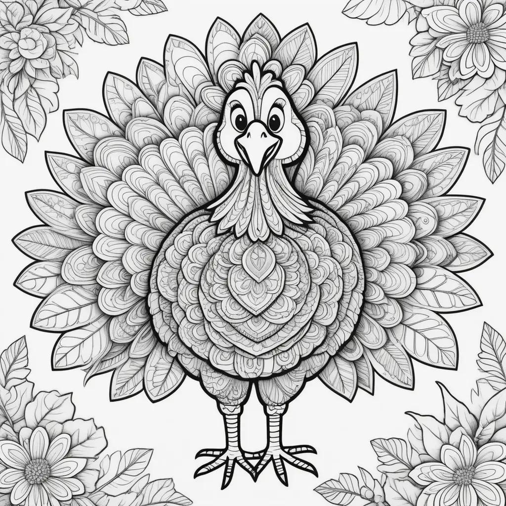 Coloring pages featuring a turkey and flowers