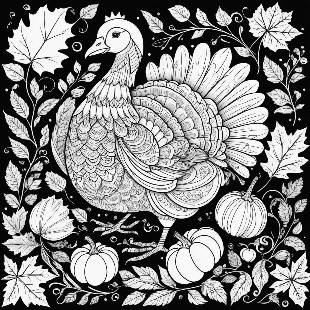 Coloring pages featuring a turkey and pumpkins for Thanksgiving