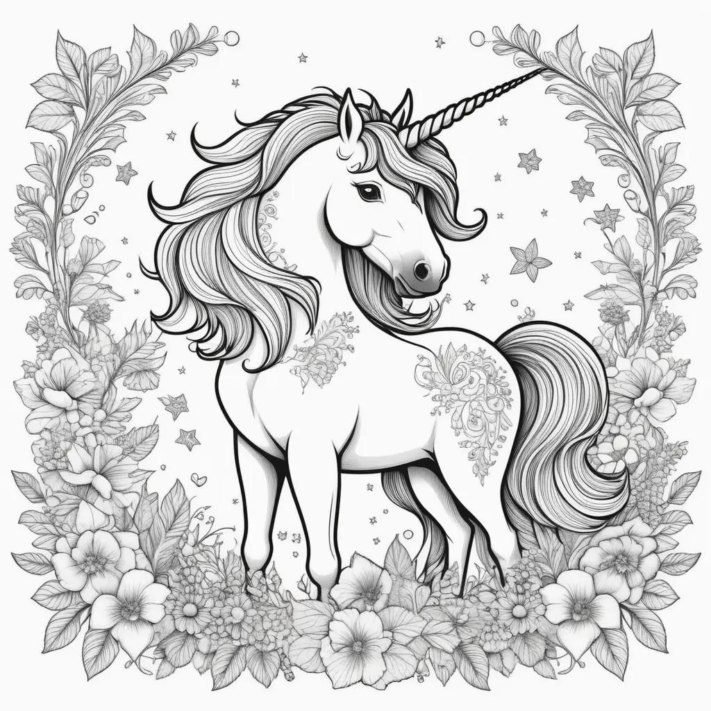 Coloring pages featuring a unicorn with a flower wreath and stars