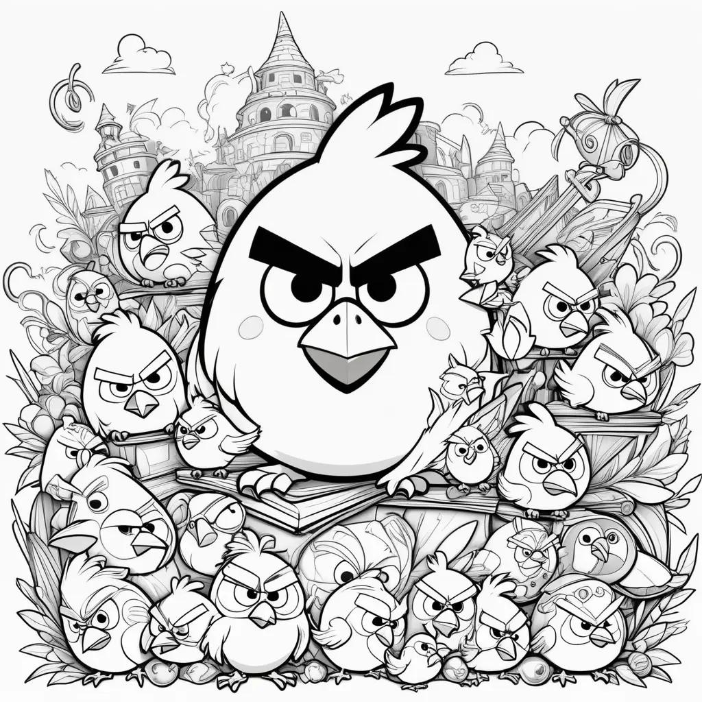 Coloring pages featuring angry birds and castle