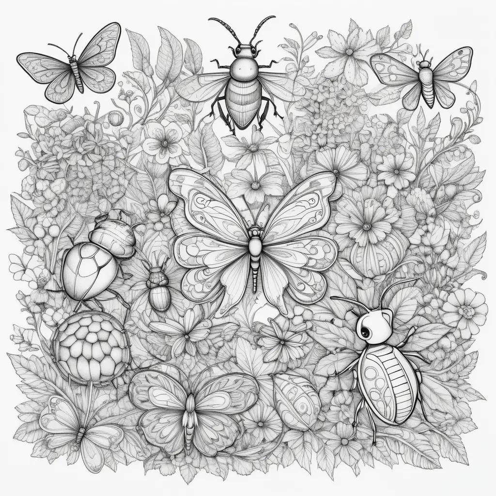 Coloring pages featuring bugs and butterflies in black and white