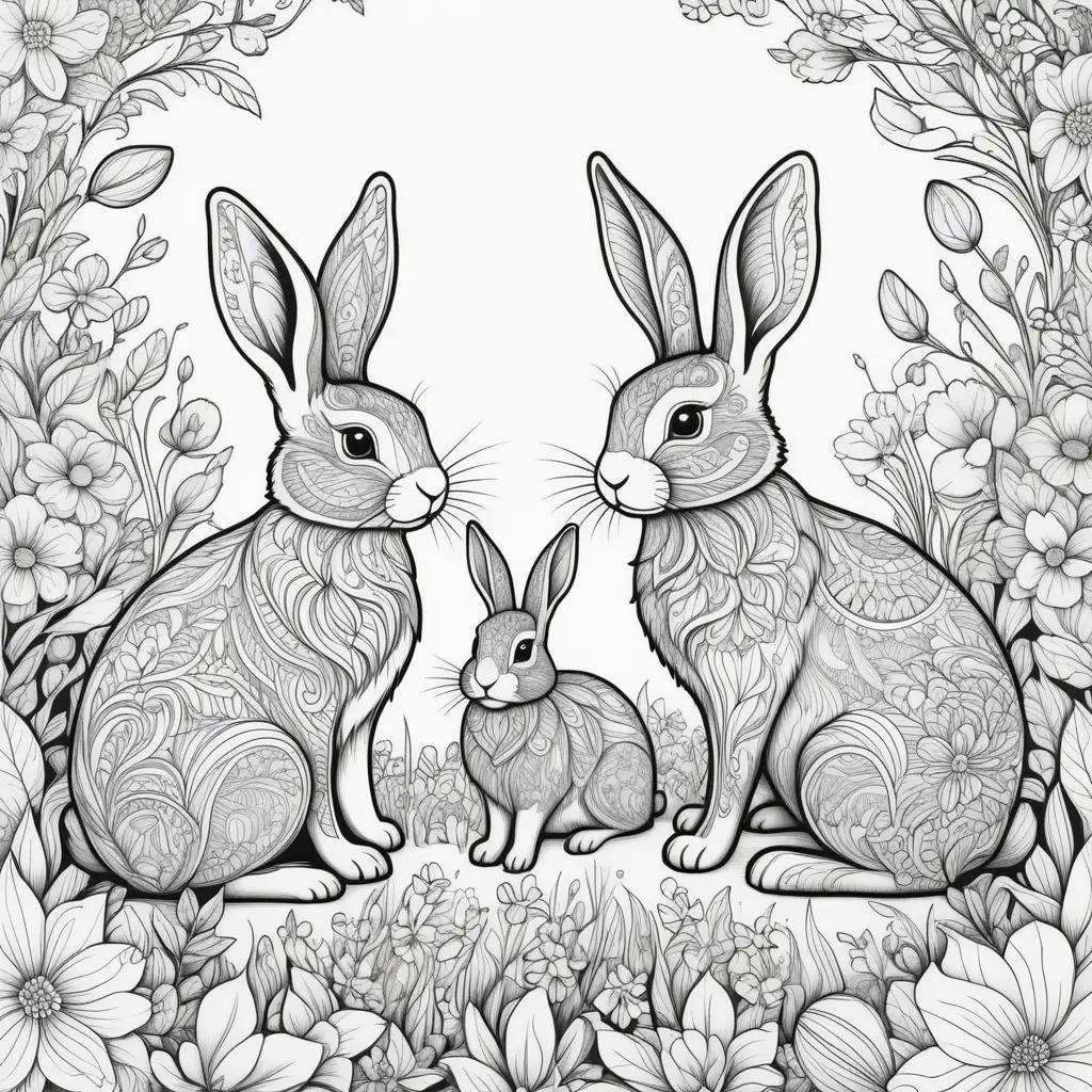 Coloring pages featuring bunnies, flowers, and grass