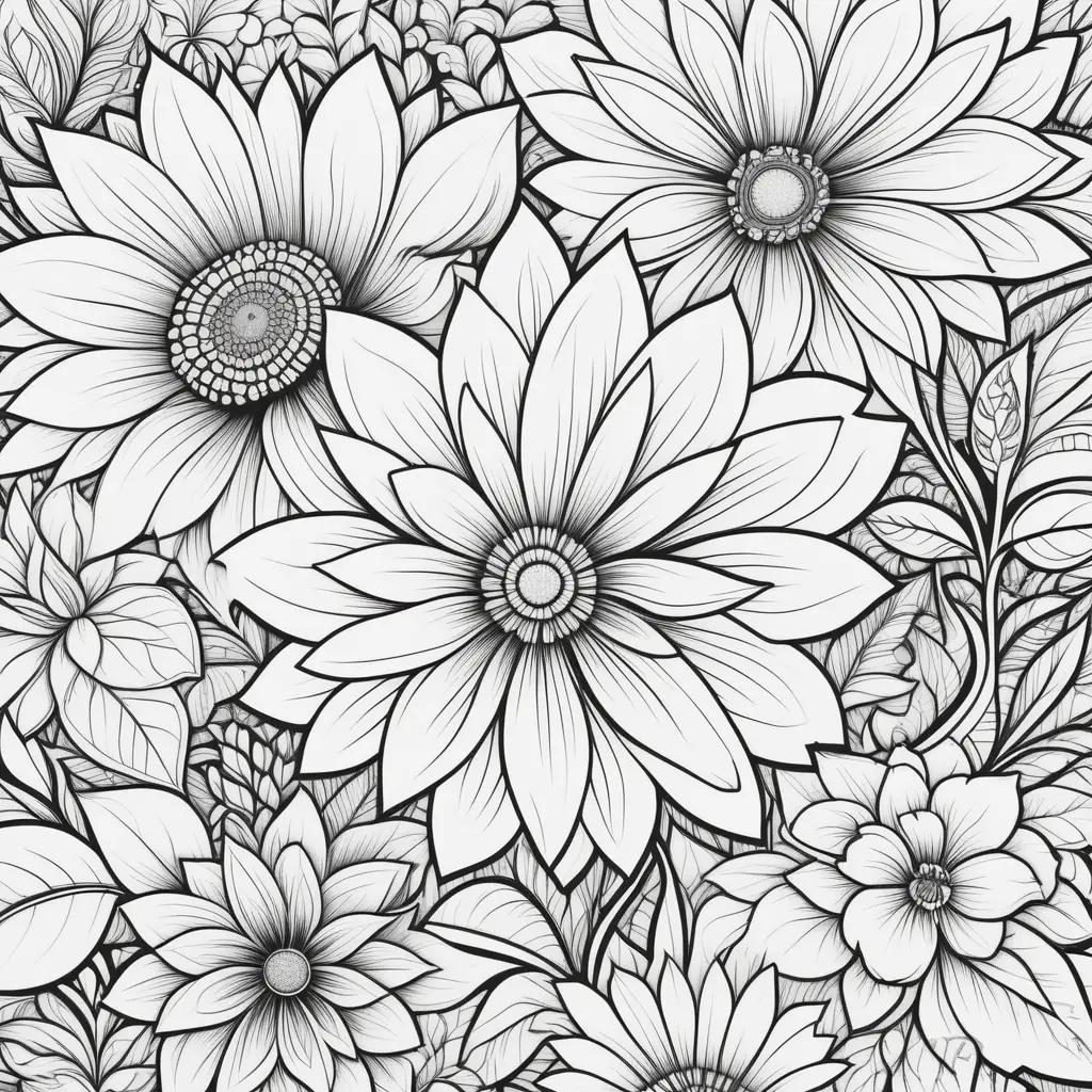 Coloring pages featuring free flower coloring pages, black and white flowers, and petals