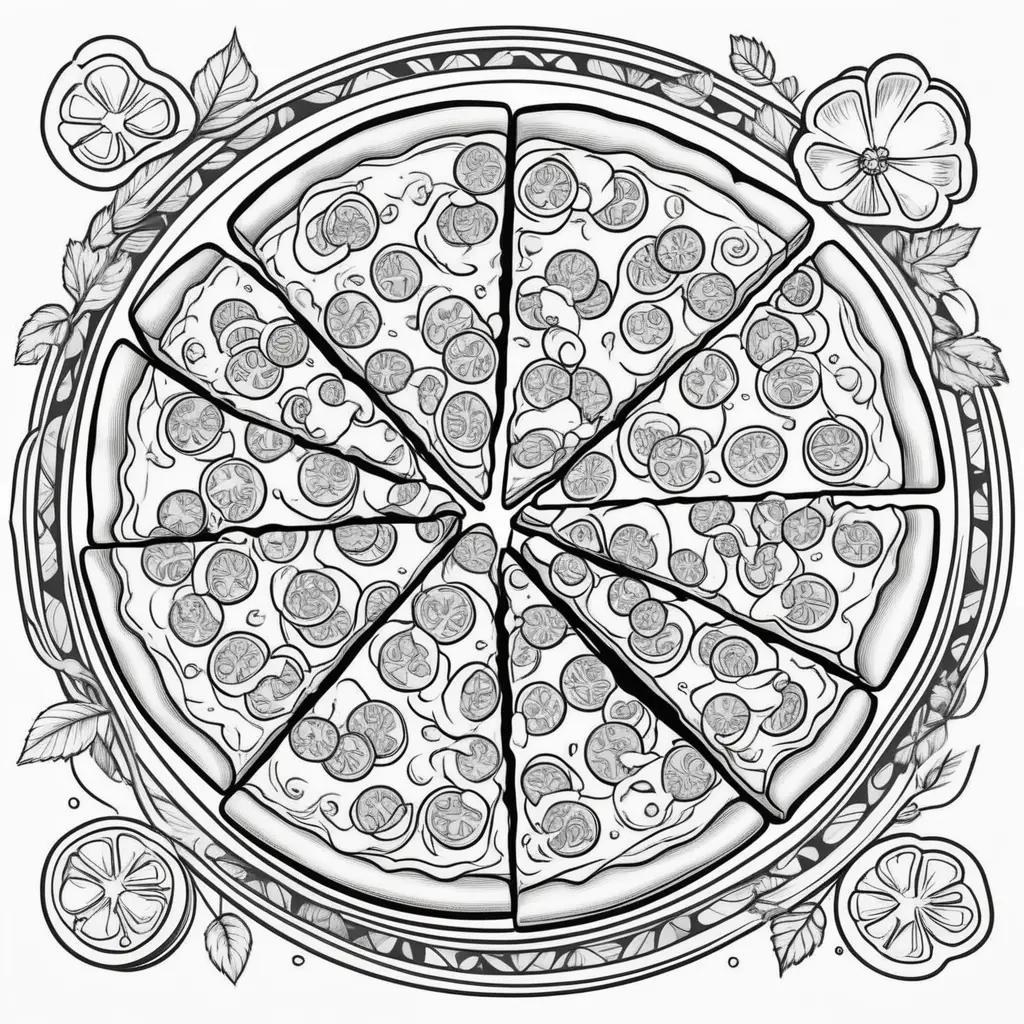 Coloring pages featuring pizza with various toppings and a flower