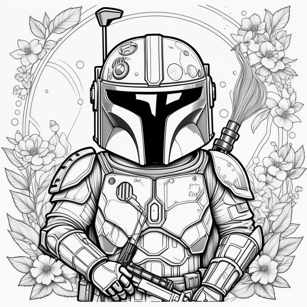 Coloring pages featuring the Boba Fett helmet and weapon