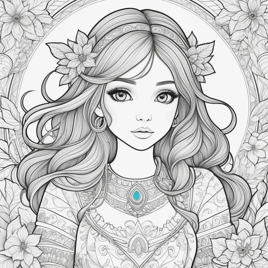 Coloring pages for girls: A princess with a crown and a necklace