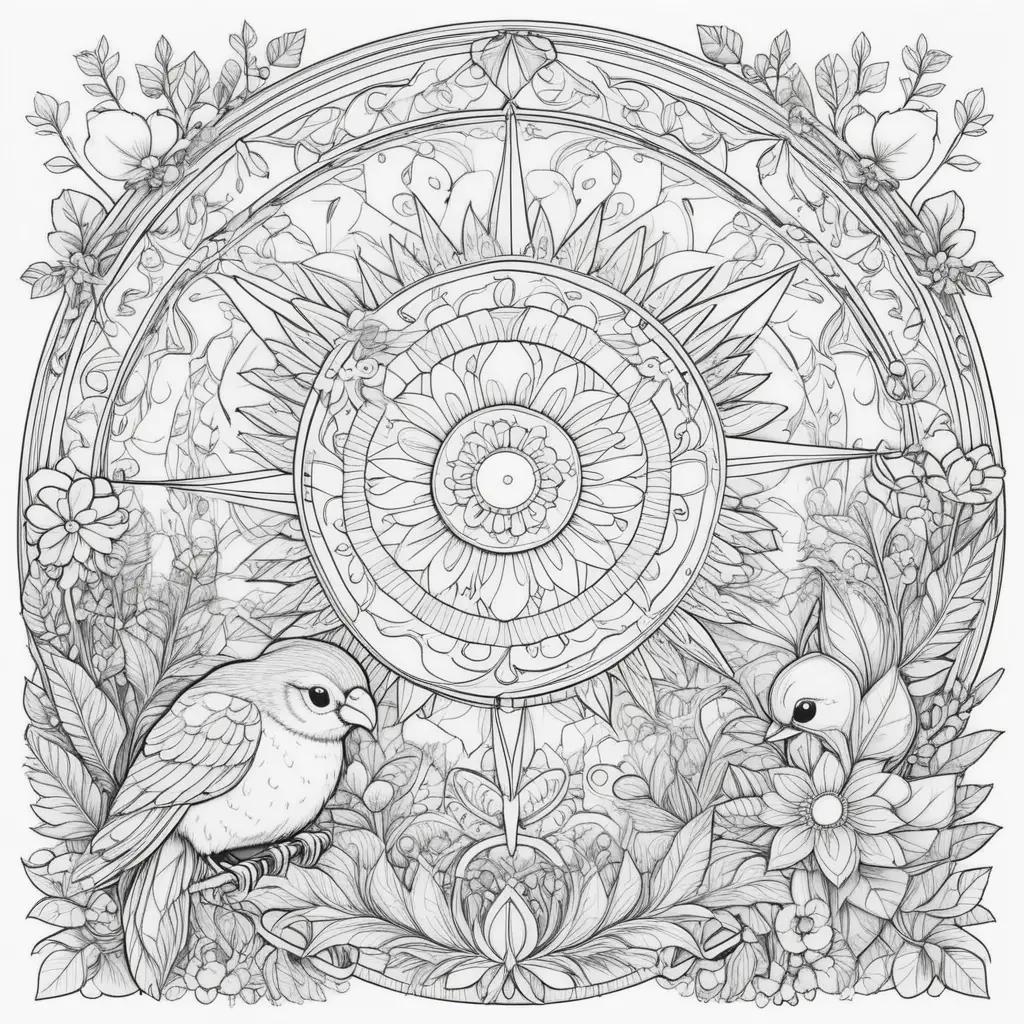 Coloring pages for kindergarten: birds, flowers, and a compass